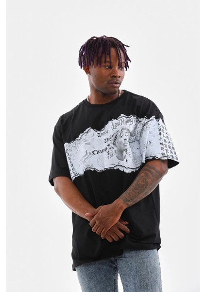 Unisex Bisiklet Yaka Baskılı Oversize T-Shirt - Siyah -Vlmr