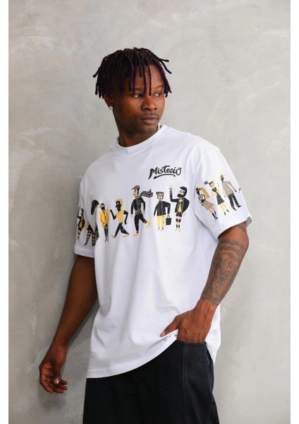 Unisex Bisiklet Yaka Baskılı Oversize T-Shirt - Beyaz -Vlmr