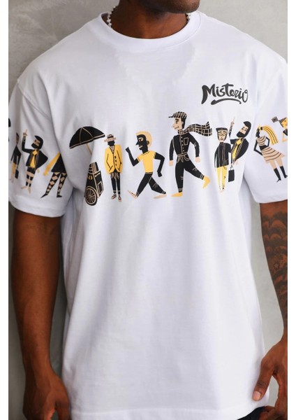 Unisex Bisiklet Yaka Baskılı Oversize T-Shirt - Beyaz -Vlmr fiyatları