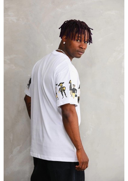 Unisex Bisiklet Yaka Baskılı Oversize T-Shirt - Beyaz -Vlmr modelleri