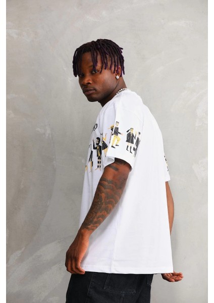 Unisex Bisiklet Yaka Baskılı Oversize T-Shirt - Beyaz -Vlmr indirimleri