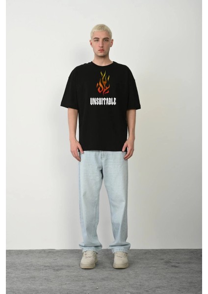 Unisex Bisiklet Yaka Baskılı Oversize T-Shirt - Siyah -Vlmr