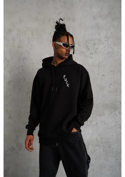 Unisex Kapşonlu Uzun Kol Baskılı Sweetshirt - Siyah -Vlmr