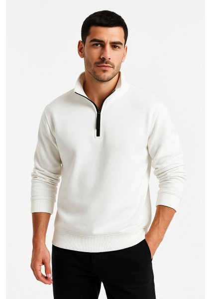 Erkek Dik Yaka Sweatshirt Dik Yaka Yarım Fermuarlı 3 Iplik Şardonlu Pamuk Kumaş - Beyaz -Vlmr modelleri