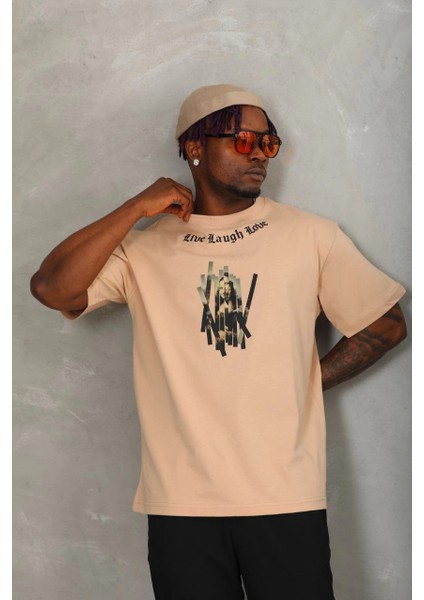 Unisex Oversize Baskılı Bisiklet Yaka T-Shirt - Bej -Vlmr modelleri