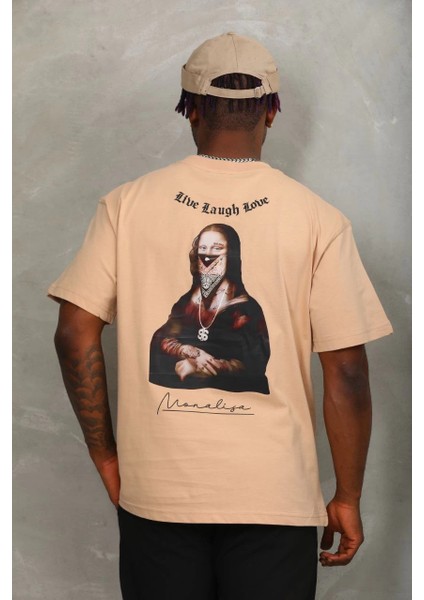 Unisex Oversize Baskılı Bisiklet Yaka T-Shirt - Bej -Vlmr indirimleri