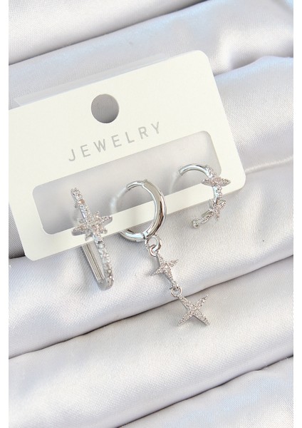 Pirinç Zirkon Taşlı Kelebek ve Sallantılı Yıldız Model Gümüş Renk 3'lü Çift Kadın Küpe Set