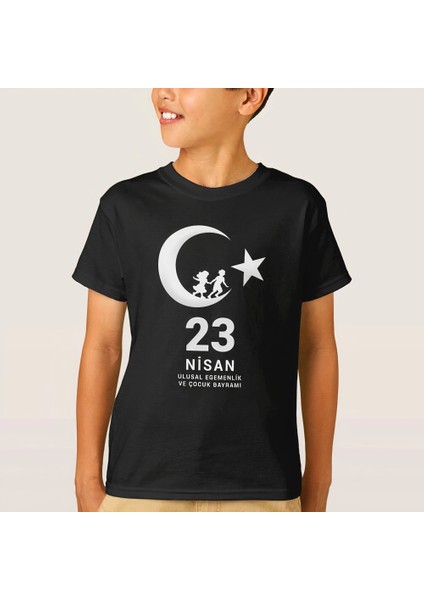 23 Nisan Çocuk Bayramı Baskılı Özel T-Shirt - Siyah -Vlmr