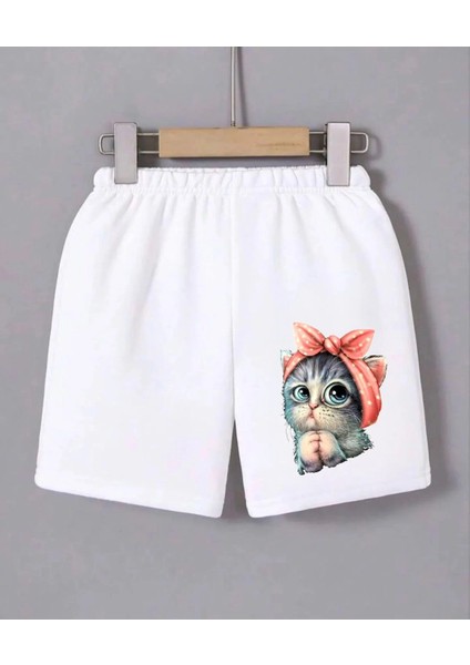 Kadın Beli Lastikli Baskılı Mini Şort - Beyaz -Vlmr