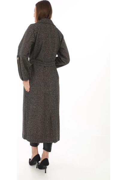 Kadın Kolu Apoletli Astarlı Kaşmir Kaşe Kaban - Füme -Vlmr fiyatları