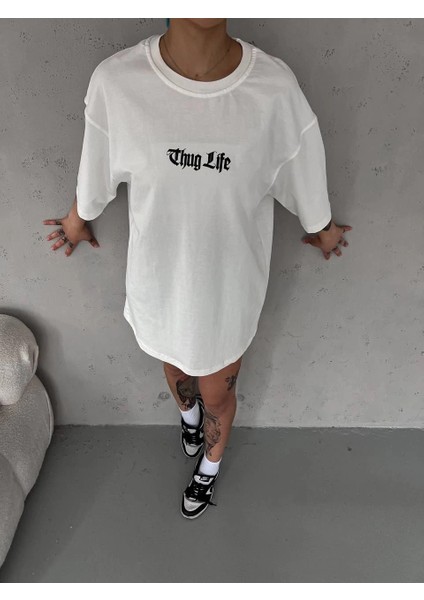 Unisex Bisiklet Yaka Baskılı Oversize T-Shirt - Beyaz -Vlmr