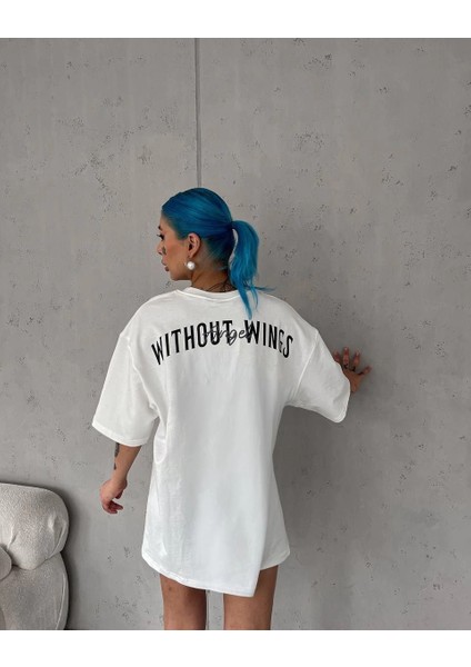 Unisex Bisiklet Yaka Baskılı Oversize T-Shirt - Beyaz -Vlmr modelleri