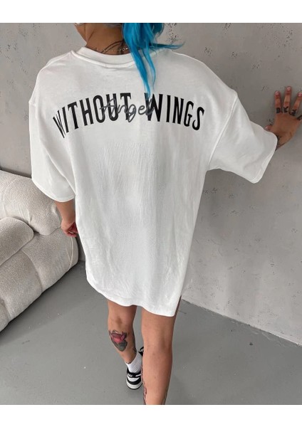 Unisex Bisiklet Yaka Baskılı Oversize T-Shirt - Beyaz -Vlmr fırsatları