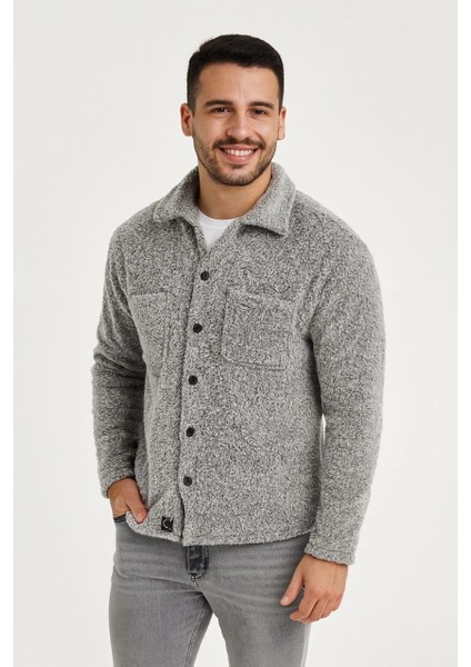 Erkek Pelüş Polar Hırka Gömlek - Gri -Vlmr