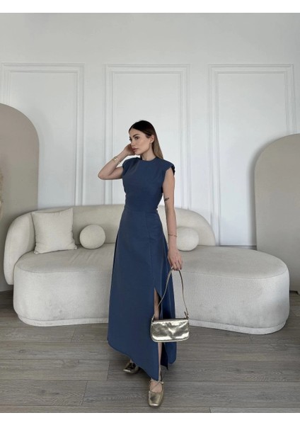 Keten Yandan Yırtmaçlı Uzun Elbise Sıfır Kol Elbise - Mavi -Vlmr fiyatları