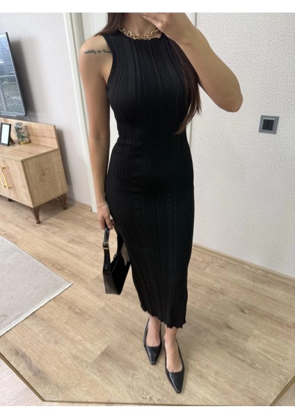 Fitilli Triko Elbise Kolsuz Sırtı Kapalı Maxi Uzun Boy - Siyah -Vlmr fırsatları