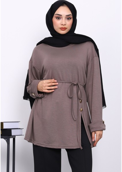 Koyuv Vizon Düğme Detaylı Modal Sweat