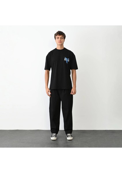 Unisex Bisiklet Yaka Baskılı Oversize T-Shirt - Siyah -Vlmr