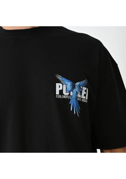 Unisex Bisiklet Yaka Baskılı Oversize T-Shirt - Siyah -Vlmr modelleri