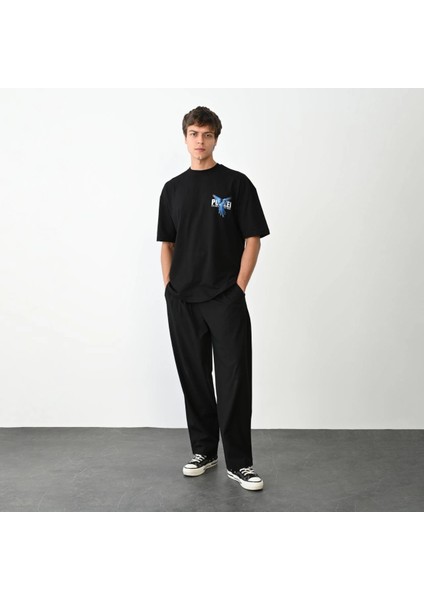 Unisex Bisiklet Yaka Baskılı Oversize T-Shirt - Siyah -Vlmr fırsatları