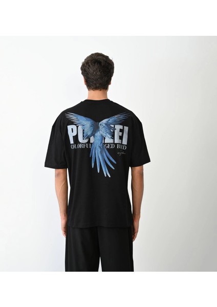 Unisex Bisiklet Yaka Baskılı Oversize T-Shirt - Siyah -Vlmr indirimleri