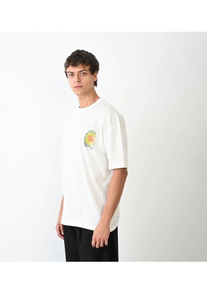 Unisex Bisiklet Yaka Baskılı Oversize T-Shirt - Beyaz -Vlmr