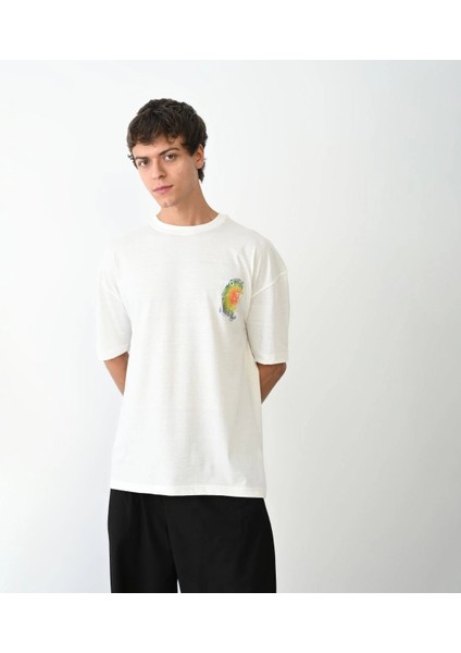 Unisex Bisiklet Yaka Baskılı Oversize T-Shirt - Beyaz -Vlmr modelleri