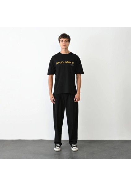 Unisex Bisiklet Yaka Baskılı Oversize T-Shirt - Siyah -Vlmr