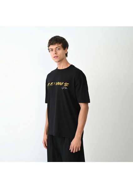 Unisex Bisiklet Yaka Baskılı Oversize T-Shirt - Siyah -Vlmr fiyatları