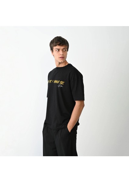 Unisex Bisiklet Yaka Baskılı Oversize T-Shirt - Siyah -Vlmr modelleri