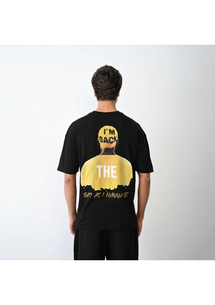 Unisex Bisiklet Yaka Baskılı Oversize T-Shirt - Siyah -Vlmr fırsatları