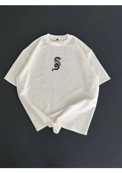 Baskılı Oversize Bisiklet Yaka T-Shirt - Beyaz -Vlmr