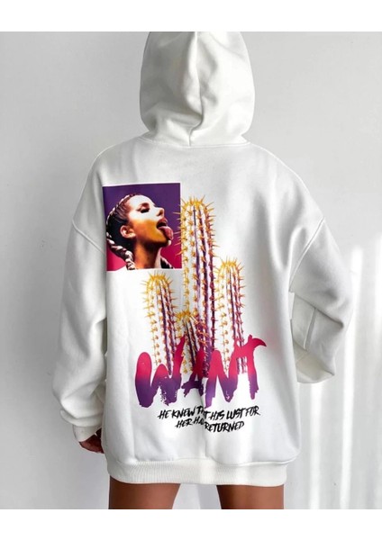 Baskılı Üç Iplik Kapüşonlu Oversize Sweatshirt - Beyaz -Vlmr
