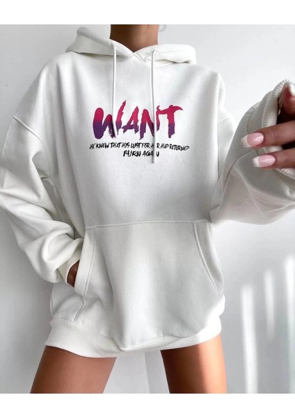 Baskılı Üç Iplik Kapüşonlu Oversize Sweatshirt - Beyaz -Vlmr fiyatları
