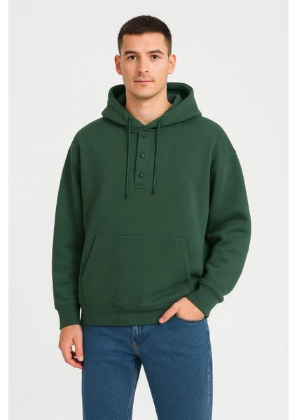 Erkek Ovarsize Kapüşonlu Swetshirt Kanguru Çepli Cıtcıtlı 3 Iplik Şardonlu Hoodie - Haki -Vlmr modelleri