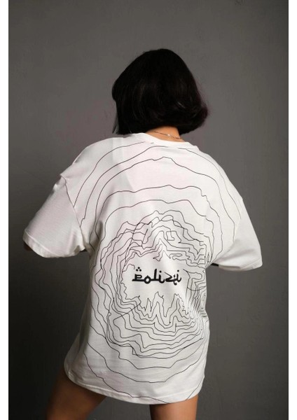 Kadın Bisiklet Yakalı Sırt Baskılı Oversize T-Shirt - Beyaz -Vlmr