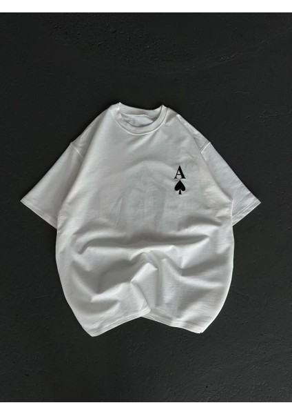 Unisex Bisiklet Yaka Baskılı Oversize T-Shirt - Beyaz -Vlmr