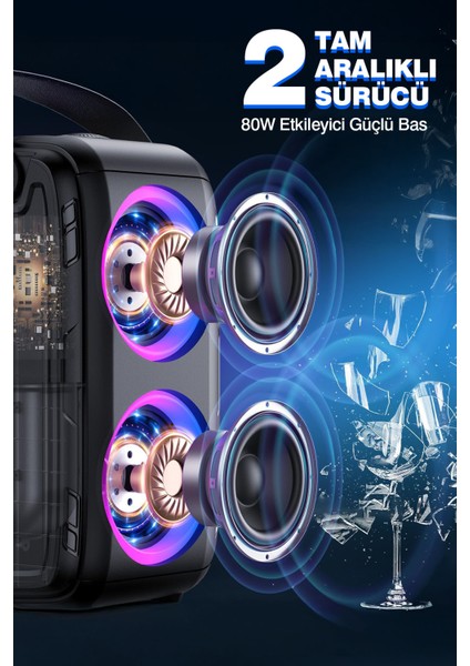 W-Kıng T9 Bluetooth Hoparlör, 80w Boombox, 9 Saate Varan Çalma Süresi, Ipx5 Suya Dayanıklı, Kablosuz Stereo Tws, Tf/Aux/Bluetooth5.0/Usb, Ses Bombası