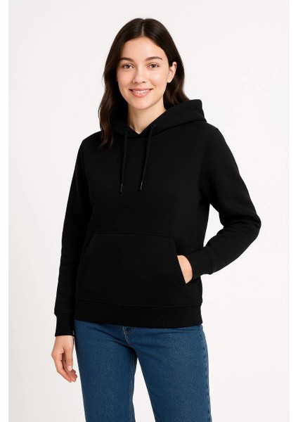 Kadın Üç Iplik Kapüşonlu Kanguru Cepli Sweatshirt Hoodie - Siyah -Vlmr fırsatları