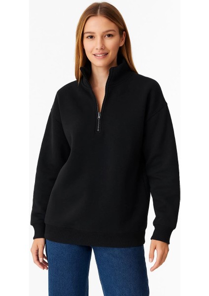 Kadın Üç Iplik Dık Yaka Yarım Fermuarlı Sweatshirt - Siyah -Vlmr