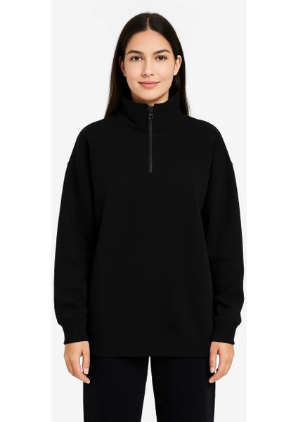 Kadın Üç Iplik Dık Yaka Yarım Fermuarlı Sweatshirt - Siyah -Vlmr modelleri