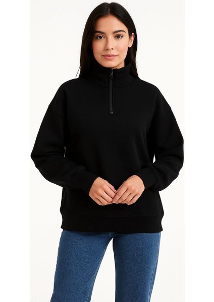 Kadın Üç Iplik Dık Yaka Yarım Fermuarlı Sweatshirt - Siyah -Vlmr indirimleri