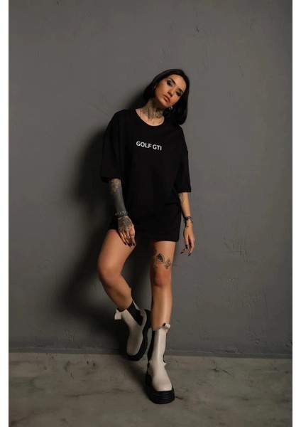 Kadın Oversize Baskılı Tişört - Golf Gtı Retro Araba Desenli, Siyah -Vlmr fiyatları