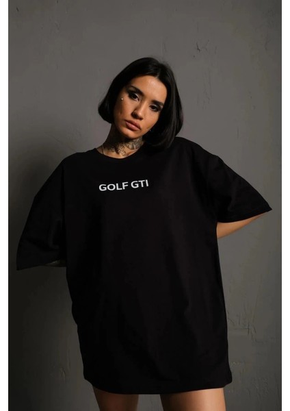 Kadın Oversize Baskılı Tişört - Golf Gtı Retro Araba Desenli, Siyah -Vlmr modelleri