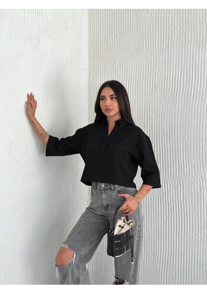 Z Krep Kadın Crop Yakalı Gömlek Ilik Düğmeli Üç Çeyrek Sleeve Kol - Siyah -Vlmr