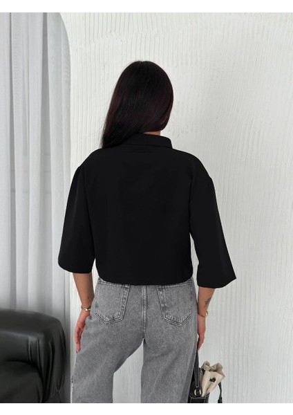 Z Krep Kadın Crop Yakalı Gömlek Ilik Düğmeli Üç Çeyrek Sleeve Kol - Siyah -Vlmr modelleri