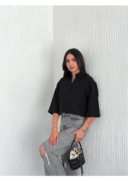 Z Krep Kadın Crop Yakalı Gömlek Ilik Düğmeli Üç Çeyrek Sleeve Kol - Siyah -Vlmr fırsatları