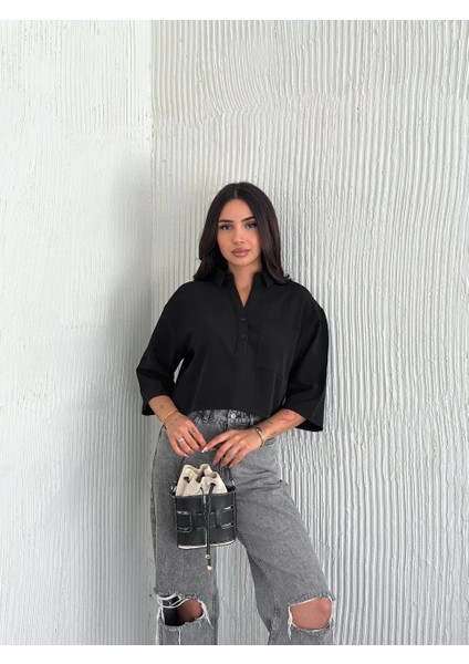 Z Krep Kadın Crop Yakalı Gömlek Ilik Düğmeli Üç Çeyrek Sleeve Kol - Siyah -Vlmr indirimleri