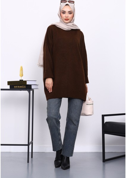 Kahverengi Dik Yaka Oversize Triko Kazak fiyatları