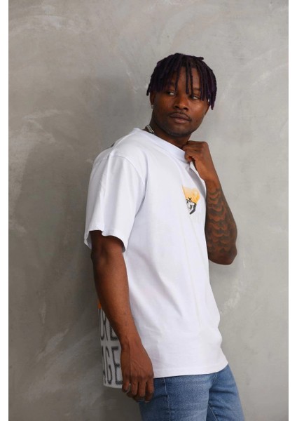 Unisex Baskılı Oversize T-Shirt - Beyaz -Vlmr modelleri